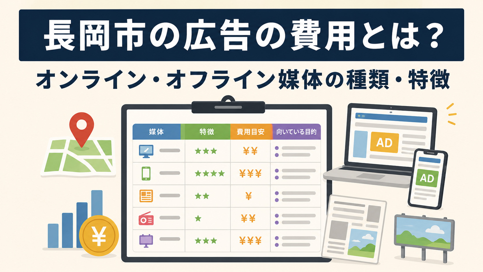 長岡市の広告の費用とは? オンライン・オフライン媒体の種類・特徴
